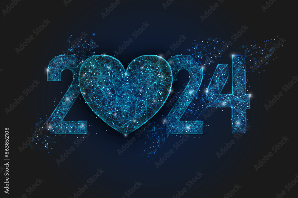 Abstract isolated blue image of new year number 2024. Polygonal low poly wireframe illustration looks like stars in the blask night sky in spase or flying glass shards. Digital web, internet design. - obrazy, fototapety, plakaty 