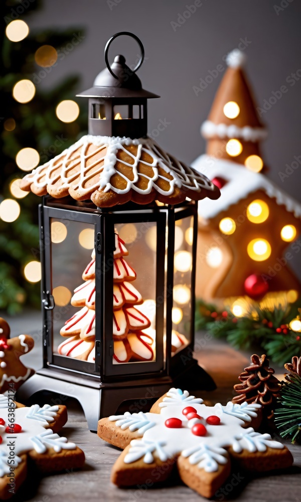 A Lantern With Ginger Cookies And A Christmas Tree A Lantern With Ginger Cookies And A Christmas Tree
