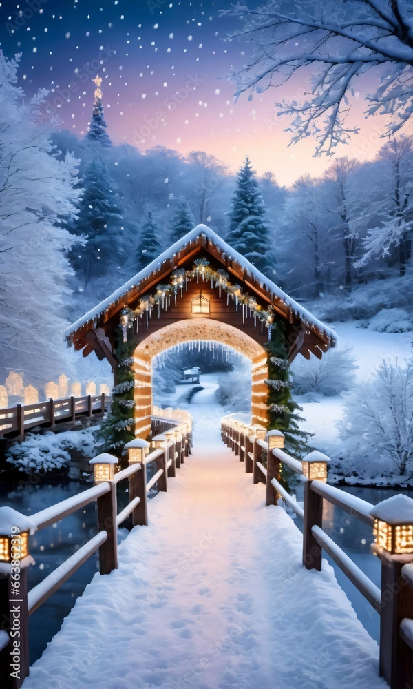 A Snowy Scene With A Bridge And A Lit Christmas Tree