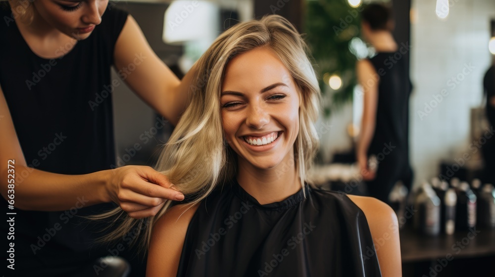 Obraz premium hairdresser salon with a beautiful woman getting a new haircut