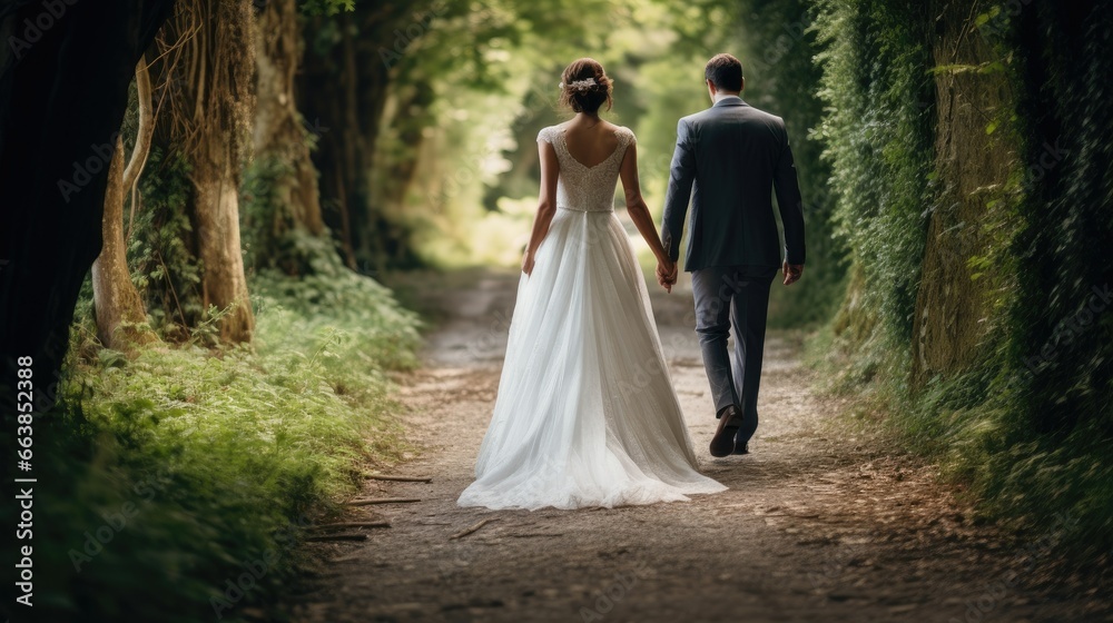 Fototapeta premium a beautiful journey, a groom and bride walking together