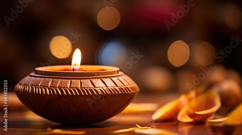 traditional clay diya with bokeh background for diwali