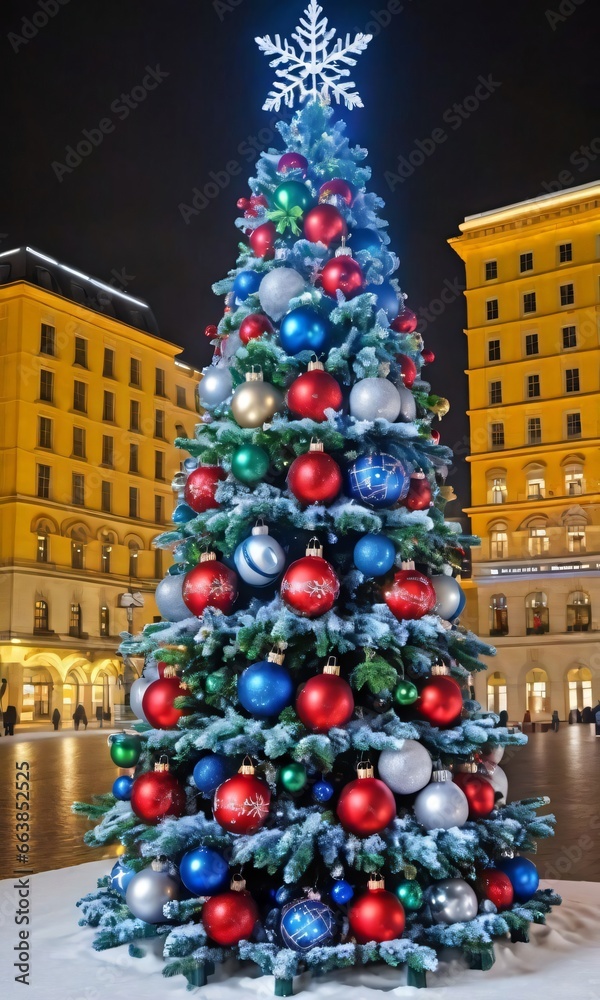 Christmas Tree In The City Square In The Evening