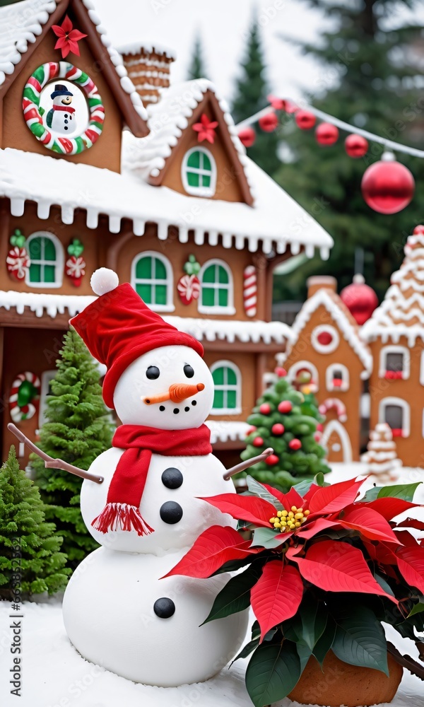 A Snowman In Front Of A Ginger - Shaped House A Snowman In Front Of A Ginger - Shaped House