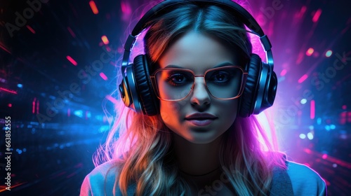 DJ woman wearing stylish glasses and headphones