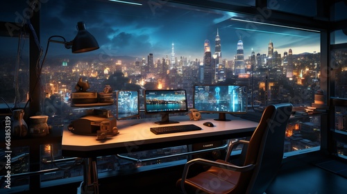 Gaming setup featuring a pristine white gaming chair bathed in the ethereal glow of fluorescent and blue lighting, intricately detailed cityscapes, blending elements of light black and cyan