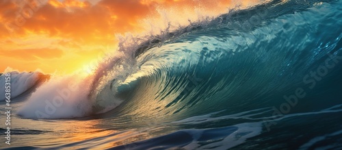 Colorful big Ocean Wave with Sunset light and beautiful clouds on background