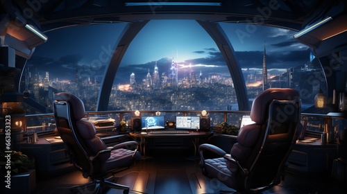 Gaming setup featuring a pristine white gaming chair bathed in the ethereal glow of fluorescent and blue lighting, intricately detailed cityscapes, blending elements of light black and cyan
