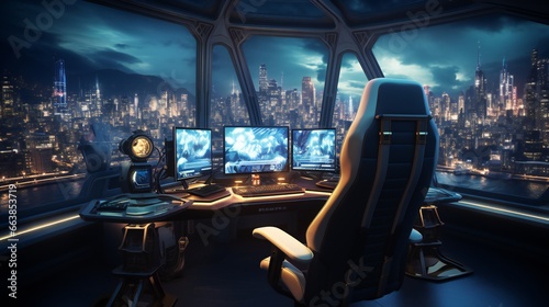 Gaming setup featuring a pristine white gaming chair bathed in the ethereal glow of fluorescent and blue lighting, intricately detailed cityscapes, blending elements of light black and cyan © MuhammadHamad