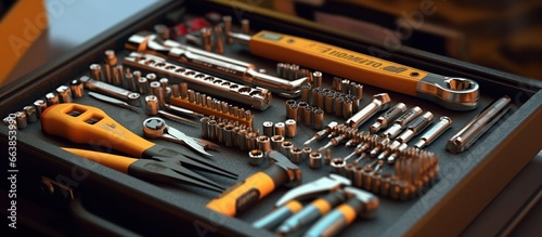 Close-up of a box with complete tools for repairing cars, motorbikes