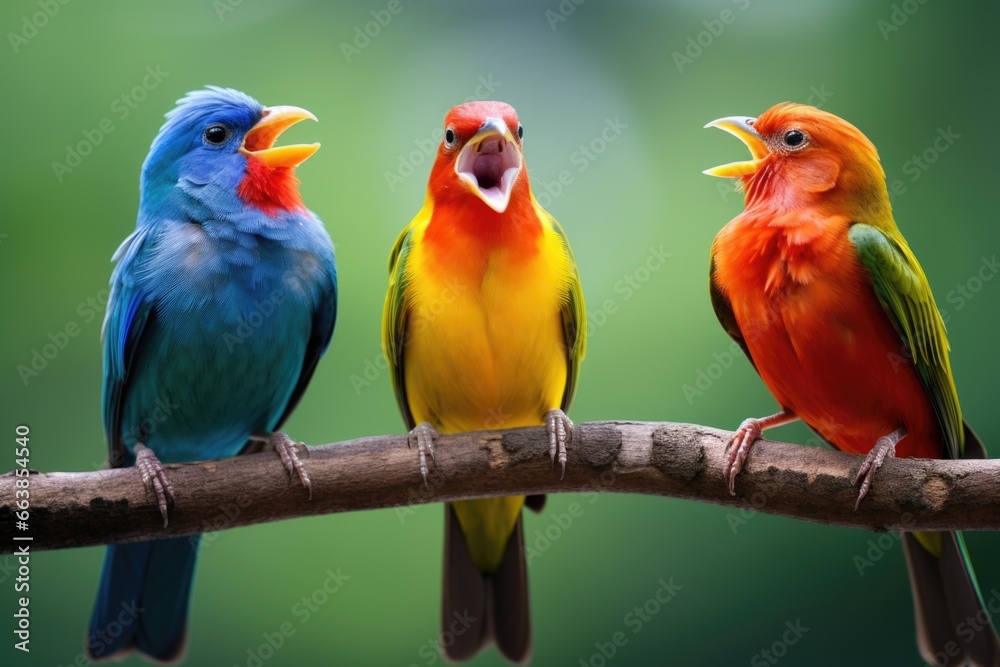 Three brightly colored birds perched on a branch Three brightly colored birds perched on a branch