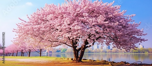 Canvastavla tree of Japanese sakura in spring on meadow, isolated cherry tree on the horizon