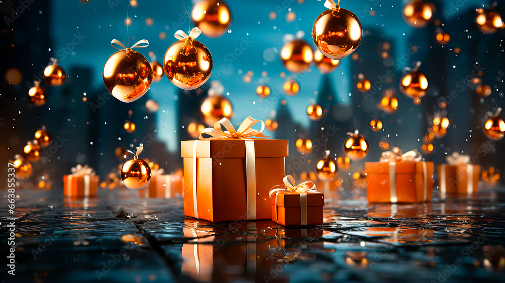 Christmas background with Christmas balls. Christmas gift boxes with golden and multicolored baubles on bokeh background. Generative AI technology.
