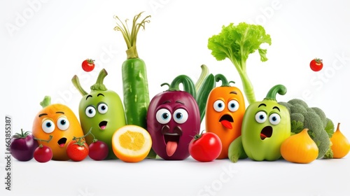 A group of vegetables with eyes and mouths