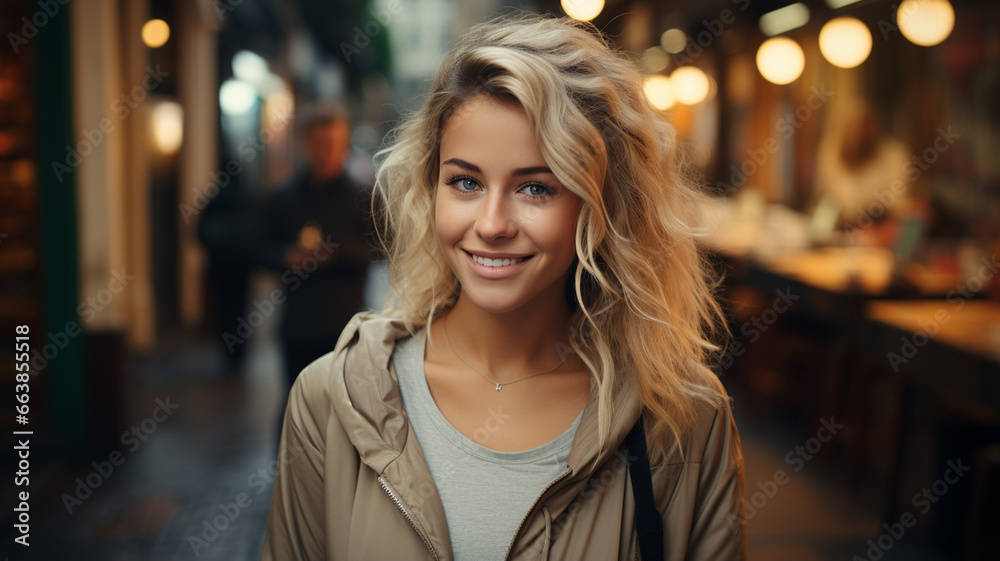 young woman smiling on the street in the evening