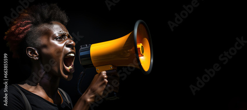 Generative AI, Studio shot of African woman using a megaphone against a black background, a powerful statement  photo