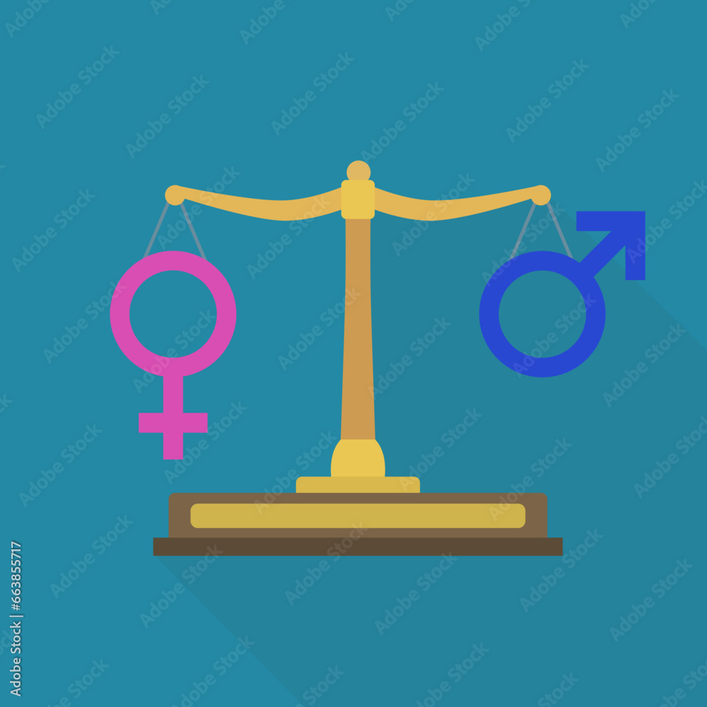 Old scale balancing the weight of the blue male symbol and the pink female symbol on a blue background with shadow in flat design style Old scale balancing the weight of the blue male symbol and the pink female symbol on a blue background with shadow in flat design style