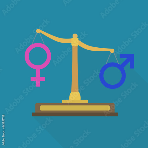Old scale in imbalance between the weight in favor of the blue male symbol with the pink female symbol on a blue background with shadow in flat design style