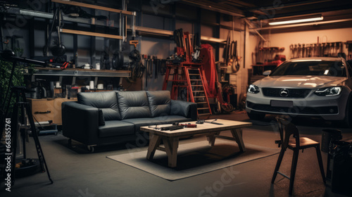 Industrial garage, cozy sofa and table