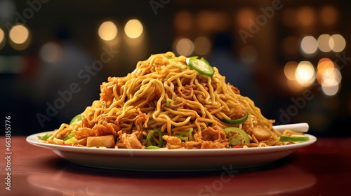a plate of instant noodles or pasta.Thai, Chinese, and Japanese food arranged on table isolated on black background.