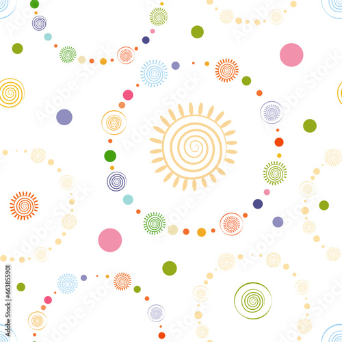 Seamless pattern with circles and sun symbols. Nature and healthy life style design.