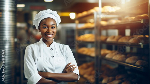 Portrait of beautiful african american female baker standing at workplace on baking manufacture. 
