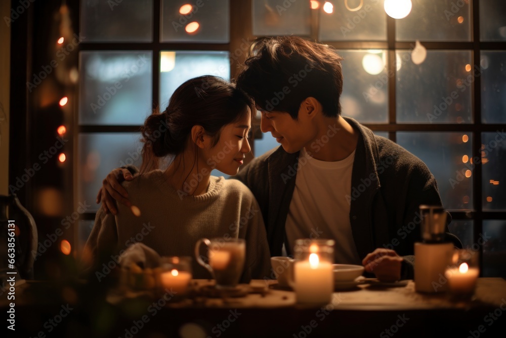 A young Asian couple enjoys a romantic date in a cozy, dimly lit cafe in the evening A young Asian couple enjoys a romantic date in a cozy, dimly lit cafe in the evening