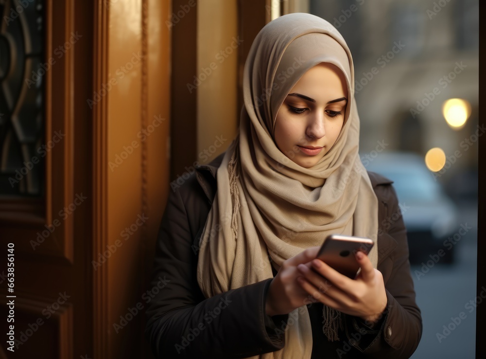 Muslim woman using smartphone on a street. Fictional characters created by Generated AI. Muslim woman using smartphone on a street. Fictional characters created by Generated AI.