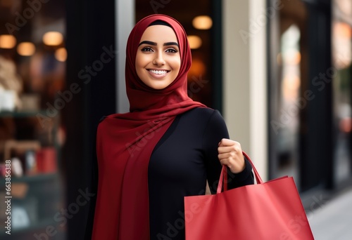 Arabic speaking woman wearing a red hijab, holding a red shopping bag and smiling. Fictional characters created by Generated AI.