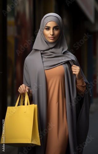 Fashionable Muslim woman in a hijab holding a yellow shopping bag. Fictional characters created by Generated AI.