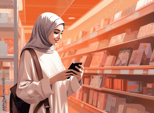 A woman browses a bookstore, holding a cell phone and looking at the items on the shelves.. Fictional characters created by Generated AI.