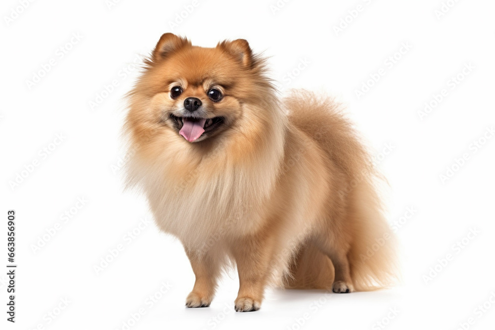 Portrait of Pomeranian dog standing in front of white background