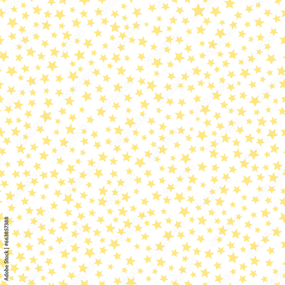All over vector seamless repeat pattern with ditsy twinkling shining yellow stars tossed on white background. Versatile kids, Christmas and all over backdrops.