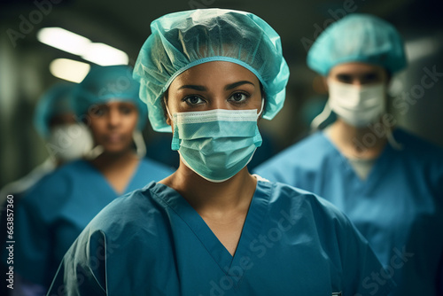 Proficient doctor in green surgical attire, dedicated in an operating room at a hospital, wearing a hygiene mask and plastic hair cover.