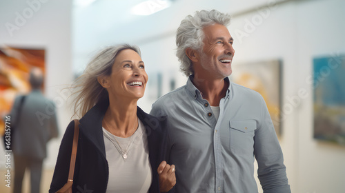 Happy senior white, caucasian couple walking together through an art gallery