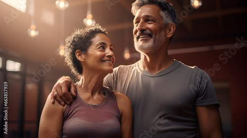 Happy senior mexican couple standing together in a gym after exercising