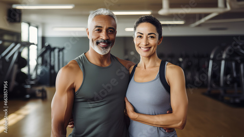 Happy senior mixed race couple standing together in a gym after exercising photo