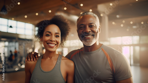 Happy senior african american couple standing together in a gym after exercising