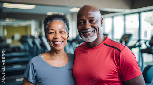 Happy senior african american couple standing together in a gym after exercising