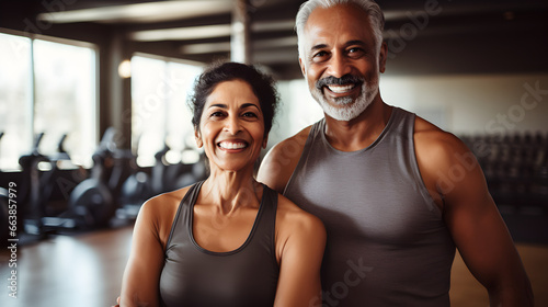 Happy senior asian, indian couple standing together in a gym after exercising