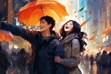 Amidst a gentle rain, a radiant Asian couple, enveloped in love and romance, stroll with smiles
