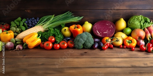 a Fresh vegetables and fruits on Wooden kitchen table background. Space for text.