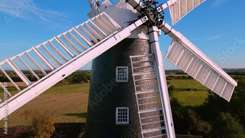 Waltham windmill. Aerial drone video clip of the historical working windmill. Only six sailed windmill in the UK