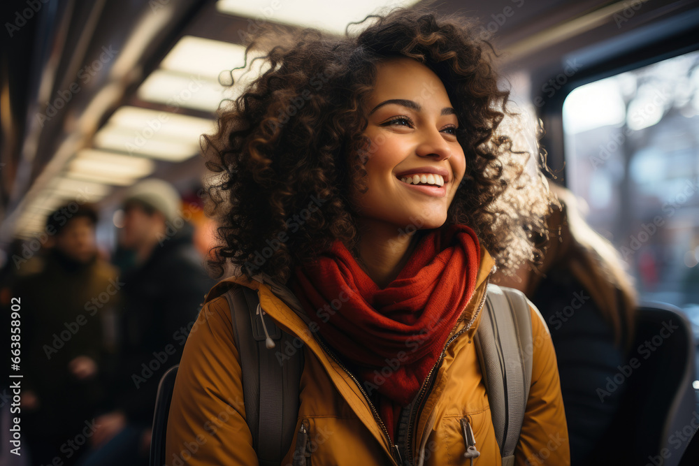 happy young woman with curly hair and backpack using a public transport