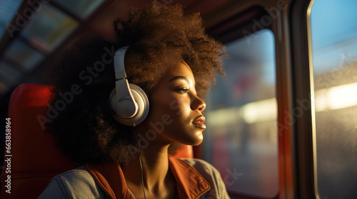 african american traveler with afro hair sitting on public transport while listening to music with headphones