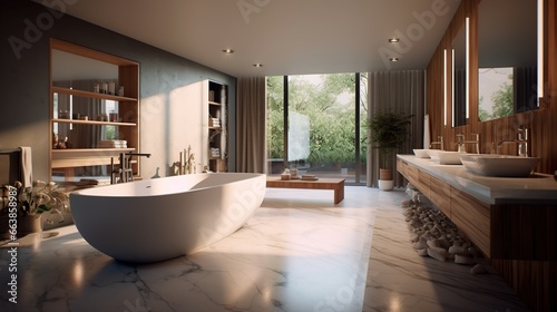 luxury bathroom interior design with marble panels with white bathtub  and other personal bathroom accessories. Modern glamor interior concept