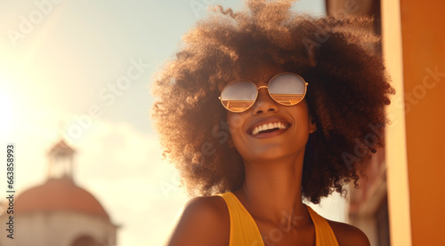 beautiful smiling afro woman with sun glasses in the city