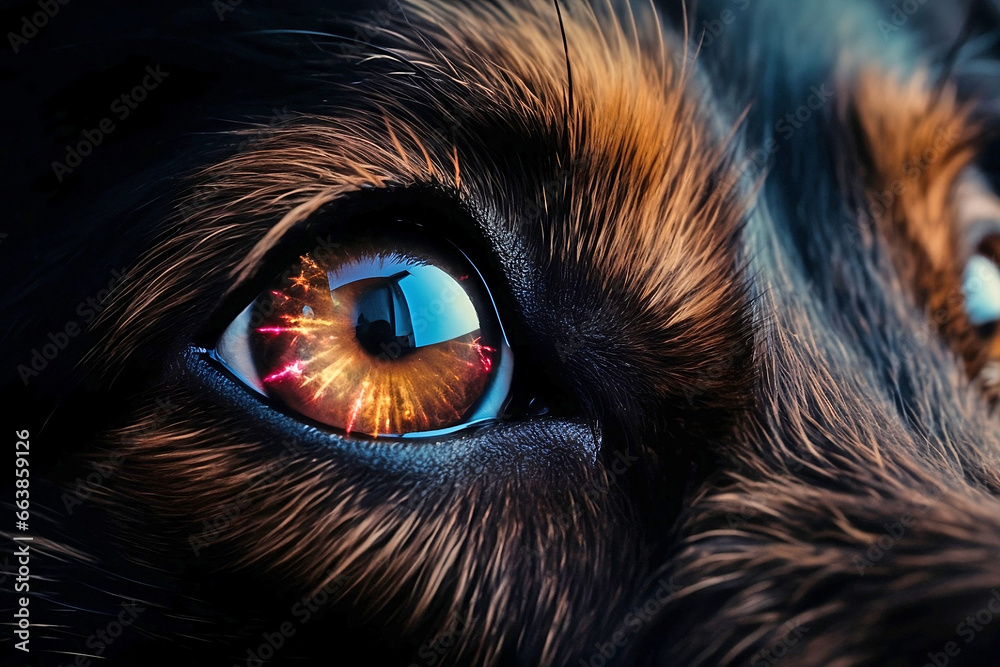 Close up of dog eye with party fireworks reflection. - obrazy, fototapety, plakaty 