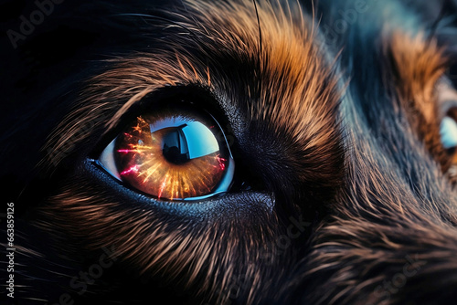 Close up of dog eye with party fireworks reflection. photo
