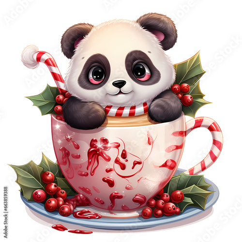 Cute Panda Bear On Christmas Mug Clipart Illustration
